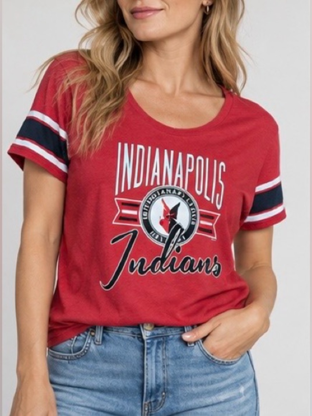 ’47 Indianapolis Indians Women’s XL Red Graphic Tee Striped Sleeve MiLB